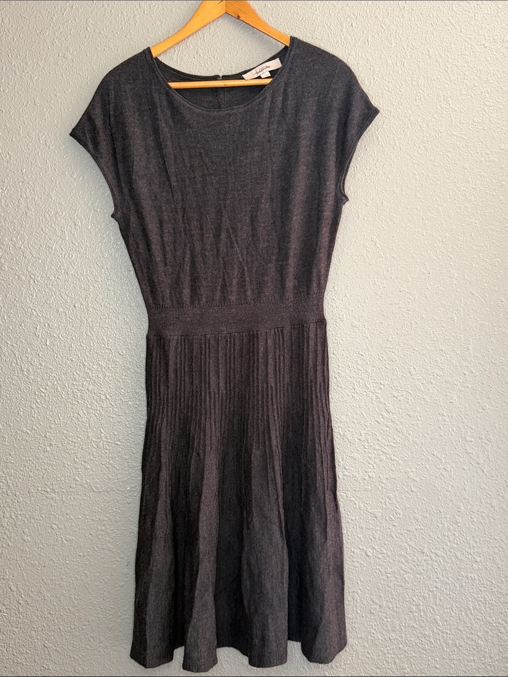 LOFT Charcoal Black Midi Knit Dress with Pleated Skirt